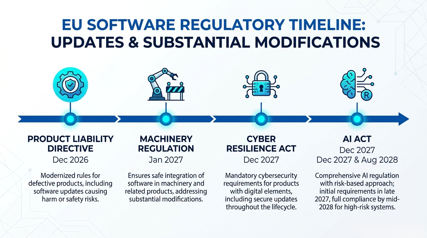 EU software regulatory timeline: PLD December 2026, Machinery Regulation January 2027, CRA December 2027, AI Act December 2027 and August 2028