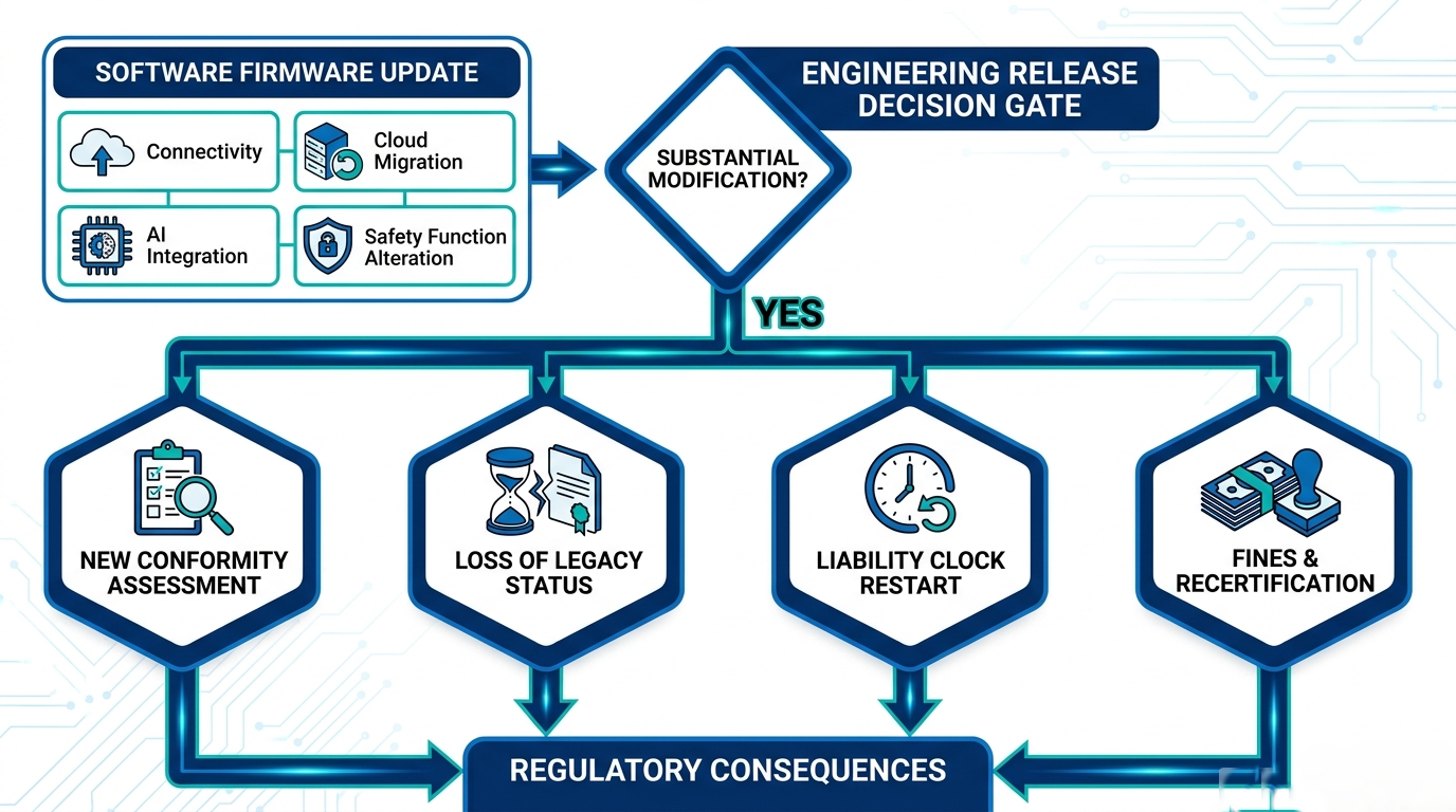 Engineering release decision gate: connectivity, cloud migration, AI integration or a safety-function change can trigger a new conformity assessment, loss of legacy status, a restarted liability clock, and fines or recertification
